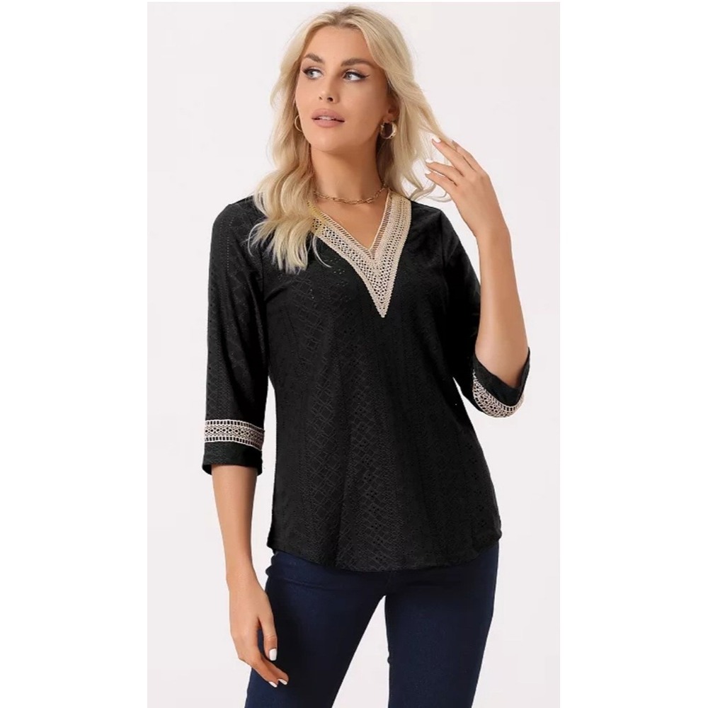 Liofoer Tunic‎ Top Women 2XL Black Crochet Lace Trim V-Neck 3/4 Sleeve